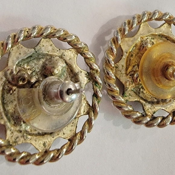 #Vintage 80's Round Gold Tone Sapphire Rhinestones Pierced Stud Earrings 1" diam - Picture 4 of 5